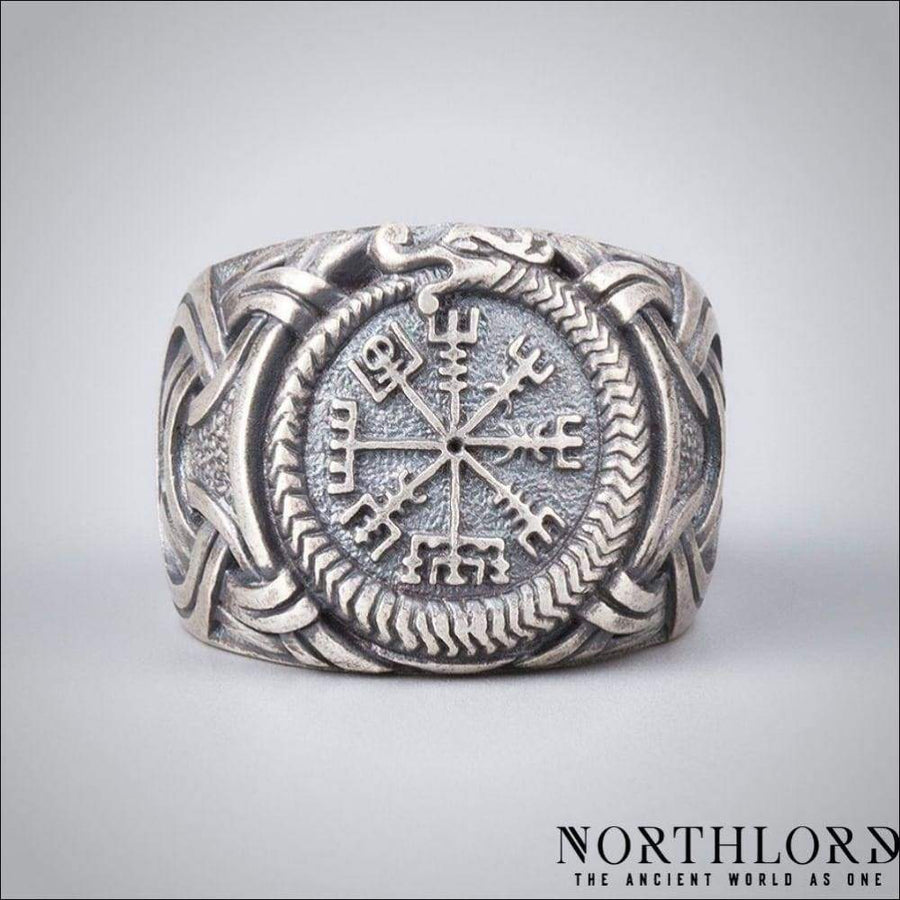 Vegvisir Ring With Jormungandr Silvered Bronze - Northlord-PK