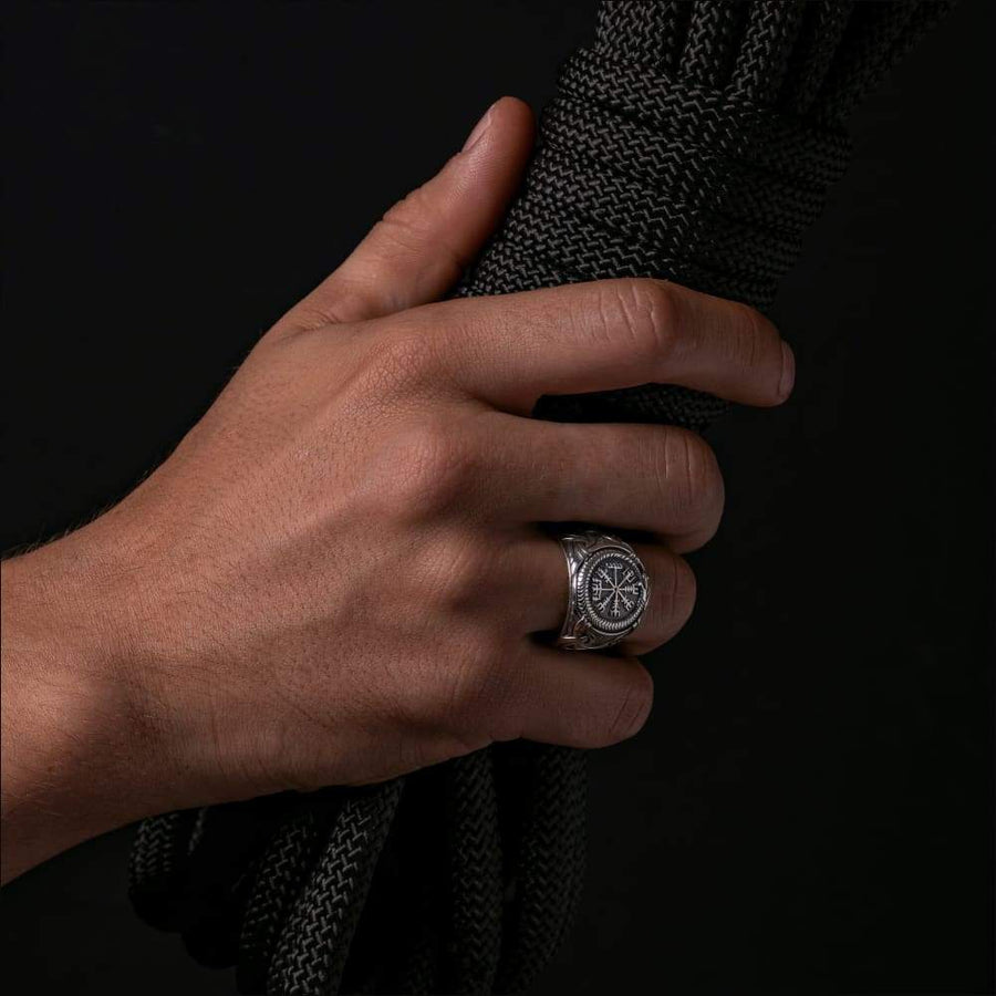 Vegvisir Ring With Jormungandr Silvered Bronze - Northlord-PK