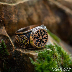 Vegvisir Ring With Runes and Jormungandr Bronze - Northlord