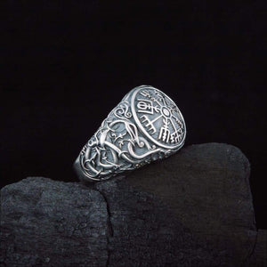 Vegvisir Ring With Urnes Motifs Sterling Silver - Northlord-VK
