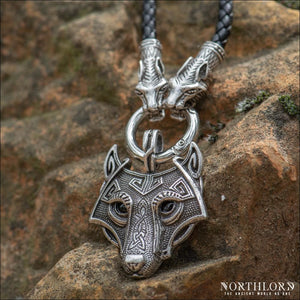 Braided Leather Viking Necklace with Silver Ferocious Wolf Heads