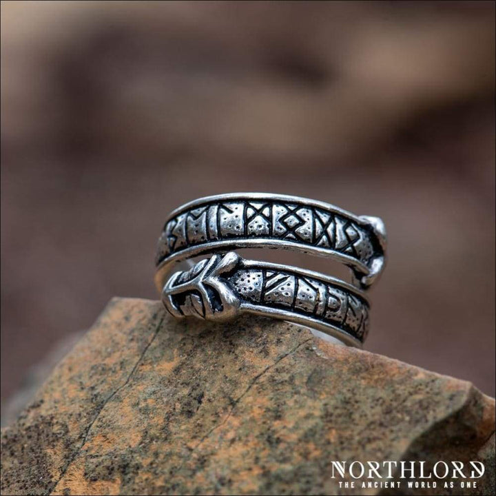 Wolf Ring With Runes Historical Silvered Bronze - Northlord